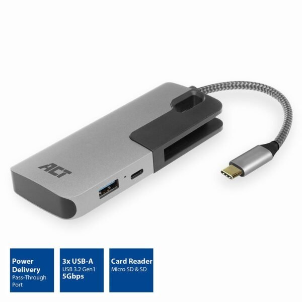 act-ac7052_2 ACT AC7052 USB-C Hub 3 port with CardReader Grey